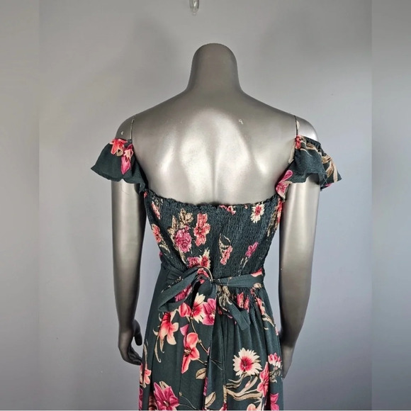 Windsor Green and Pink Floral High Low Maxi Dress with Off Shoulder Sleeve - Picture 6 of 6